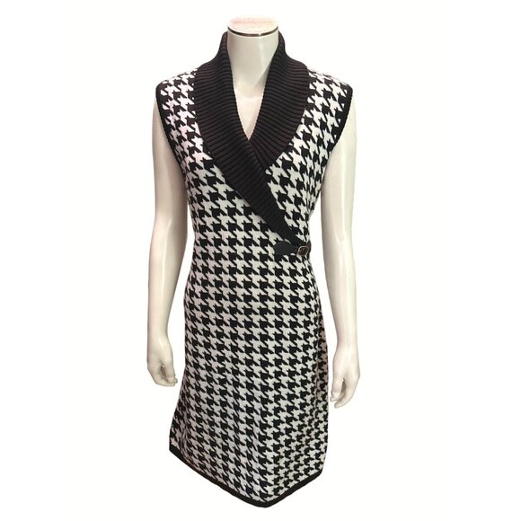 Calvin Klein Womens Houndstooth Sleeveless Sweater Dress Size L Black & White - Picture 1 of 11